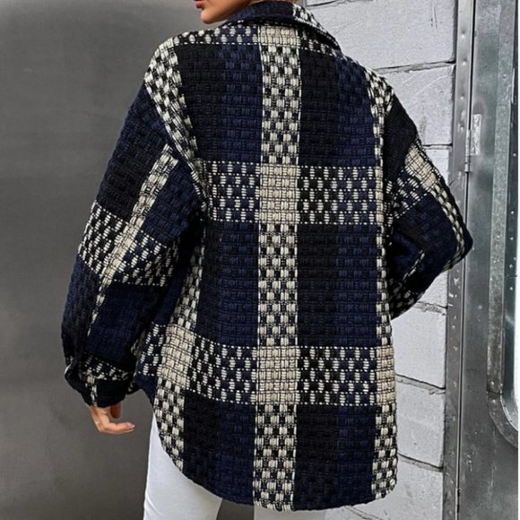 Navy Plaid Print Flap Pocket Oversized button front Casual Shacket jacket Coat - Picture 2 of 6